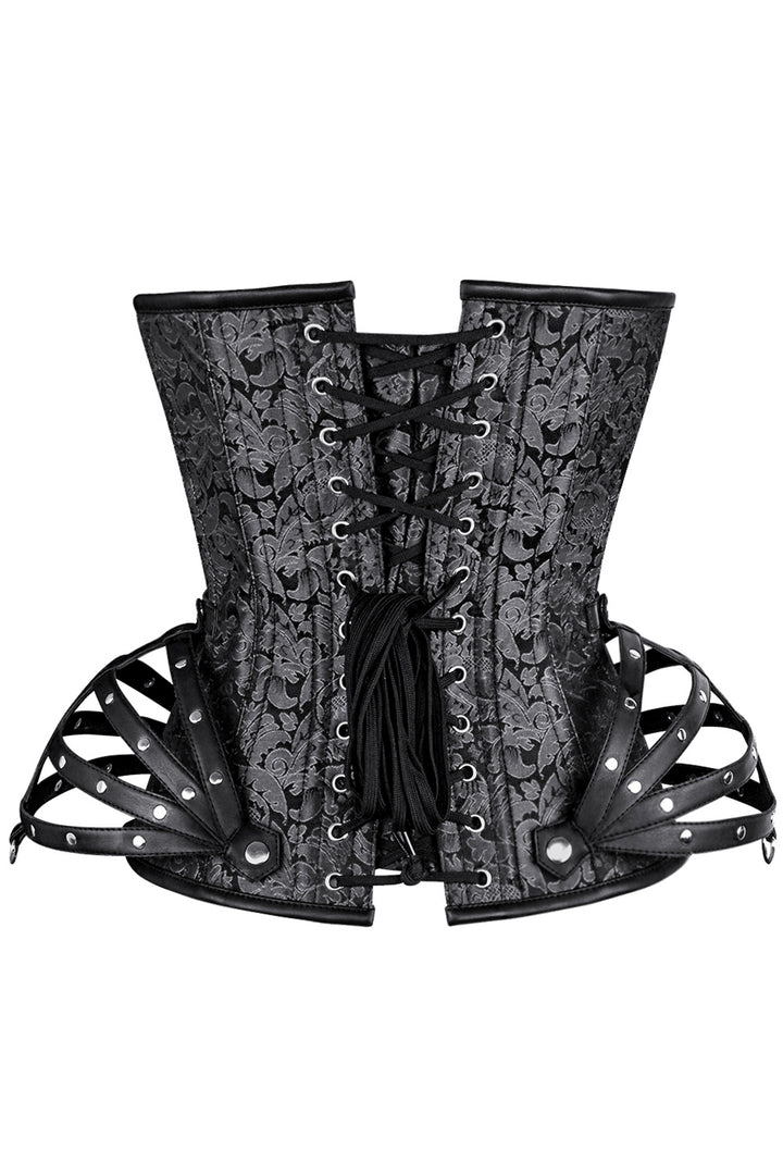 ROSALYN skull busk overbust corset in silver brocade - back