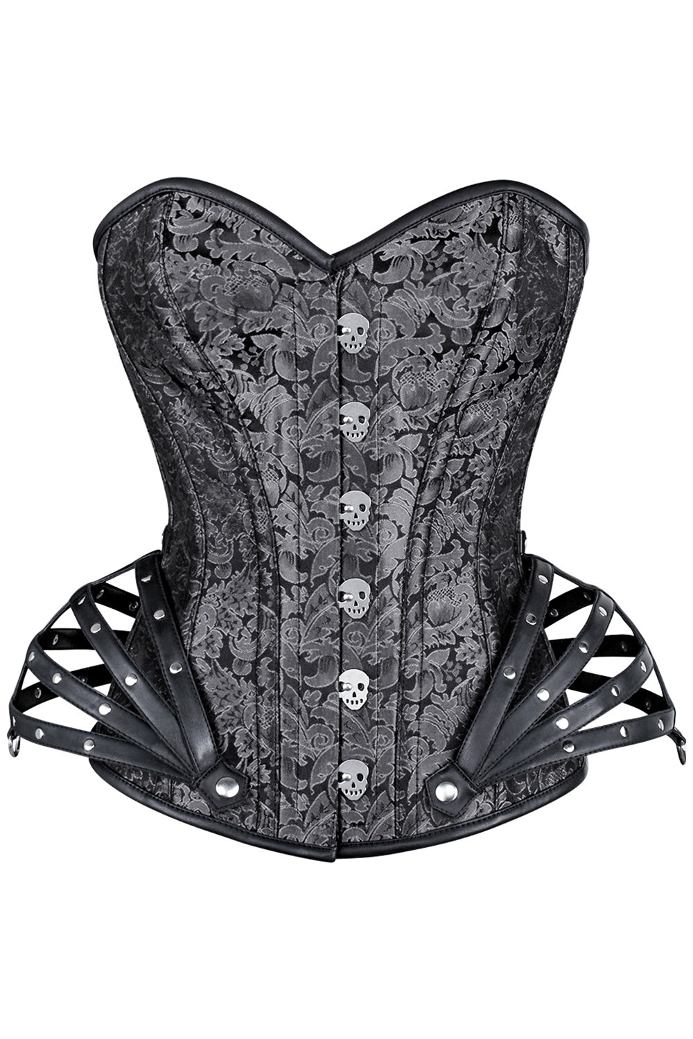 ROSALYN skull busk overbust corset in silver brocade - front