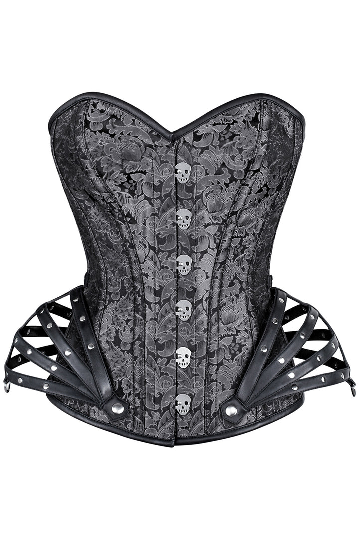 ROSALYN skull busk overbust corset in silver brocade - front