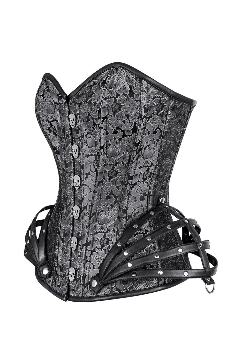 ROSALYN skull busk overbust corset in silver brocade - side