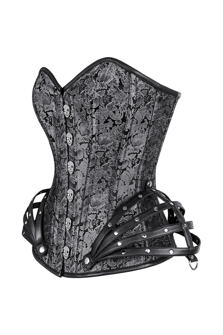 ROSALYN skull busk overbust corset in silver brocade - side