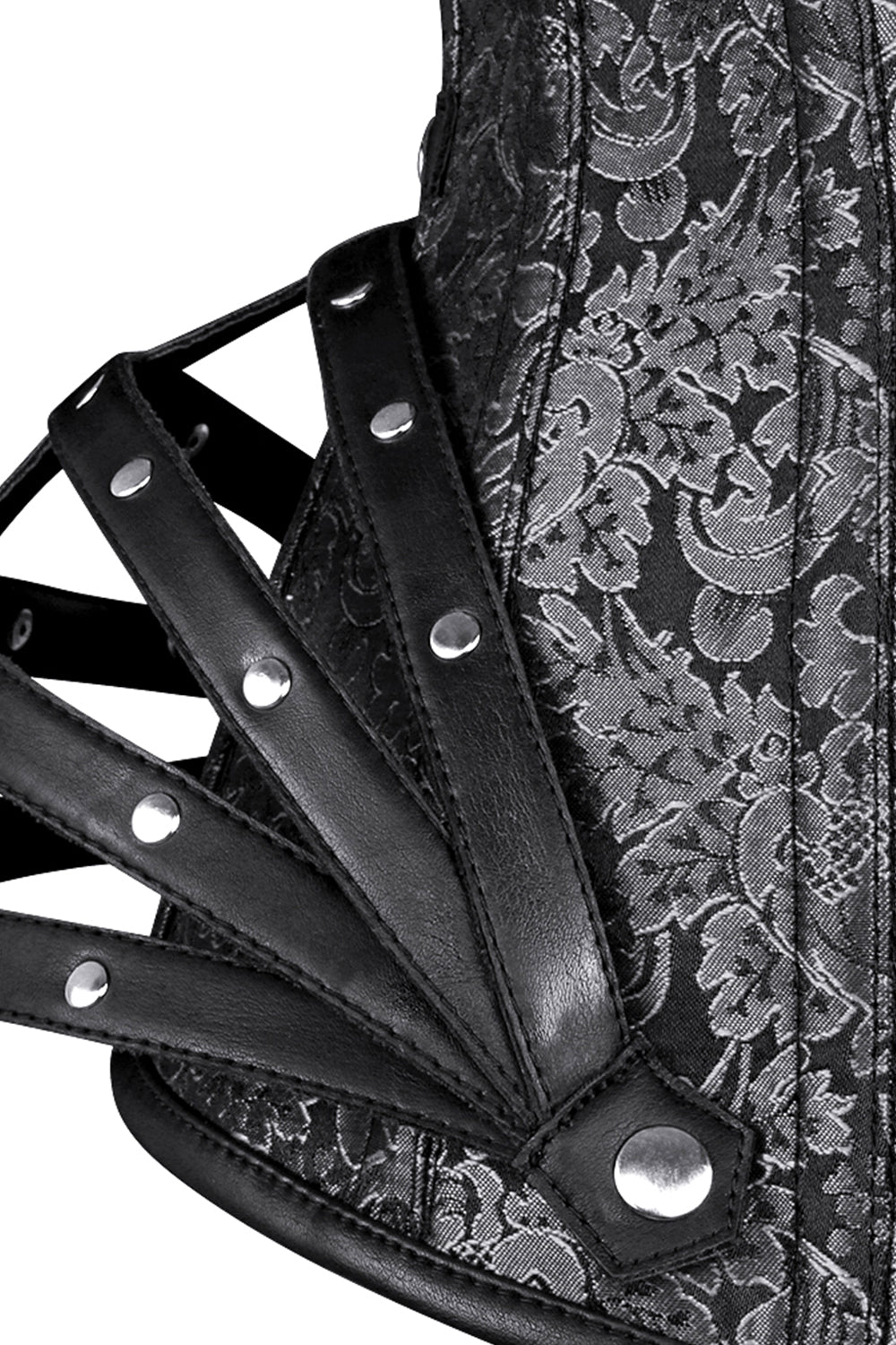 ROSALYN skull busk overbust corset in silver brocade - skull busk close-up
