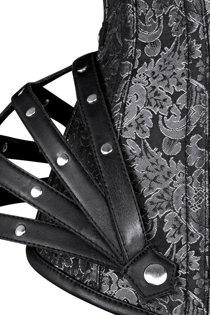 ROSALYN skull busk overbust corset in silver brocade - skull busk close-up
