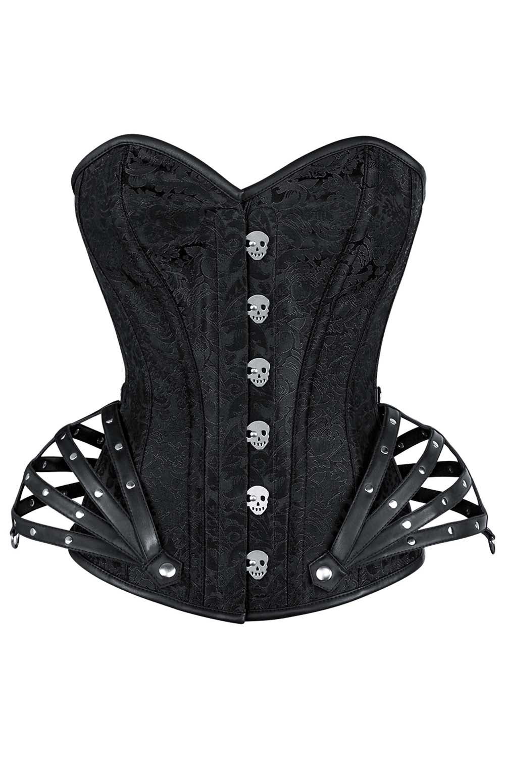 ROSALYN skull busk overbust corset in black brocade - front