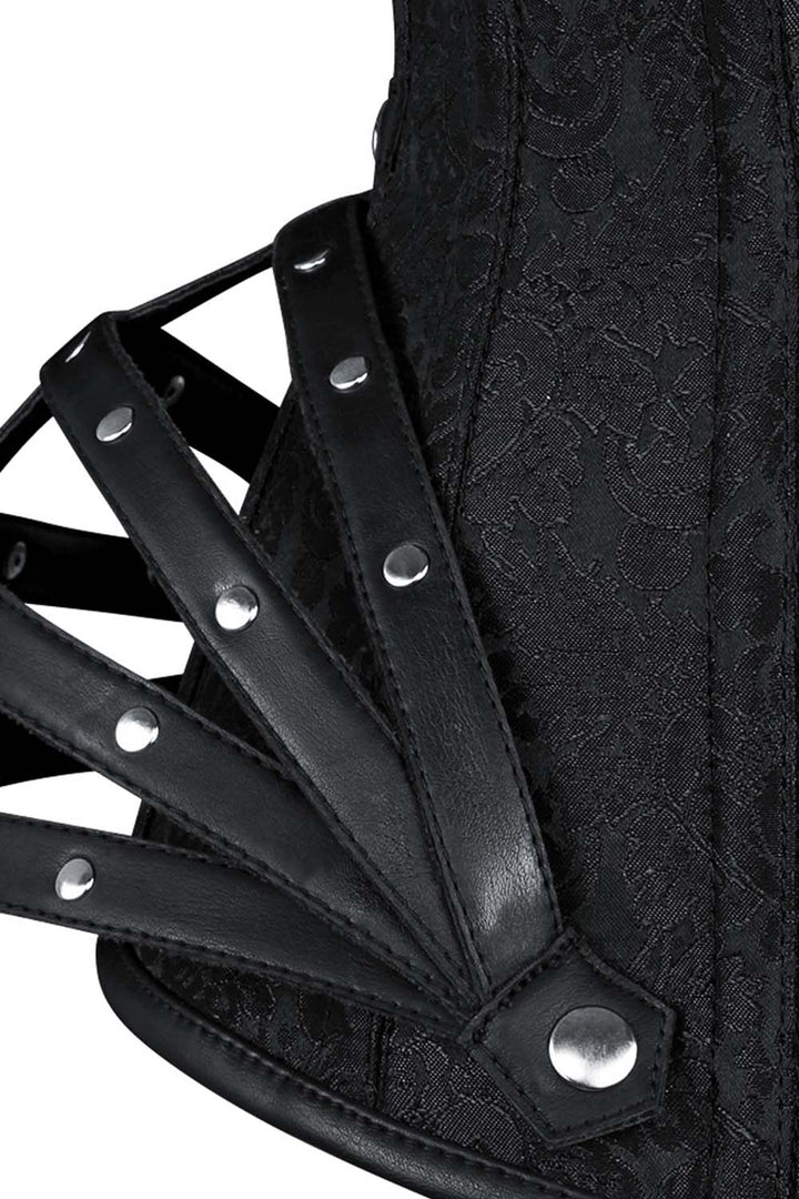 ROSALYN skull busk overbust corset in black brocade - skull busk close-up