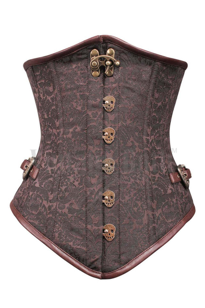 LORETTA skull busk underbust corset in brown brocade - front