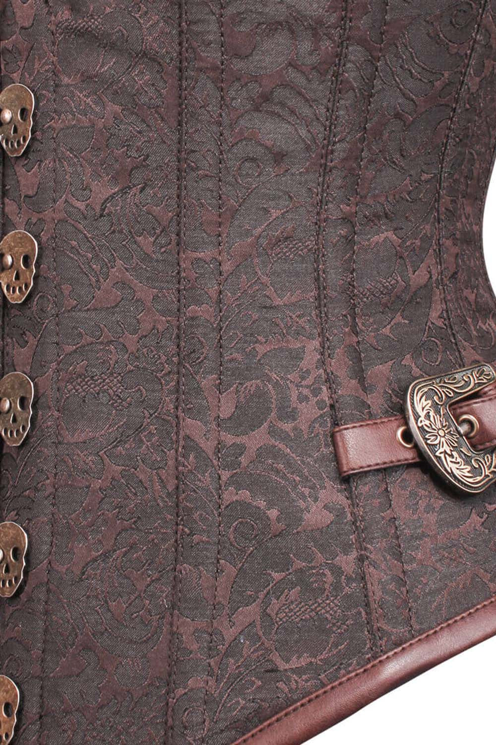 LORETTA skull busk underbust corset in brown brocade - skull busk close-up