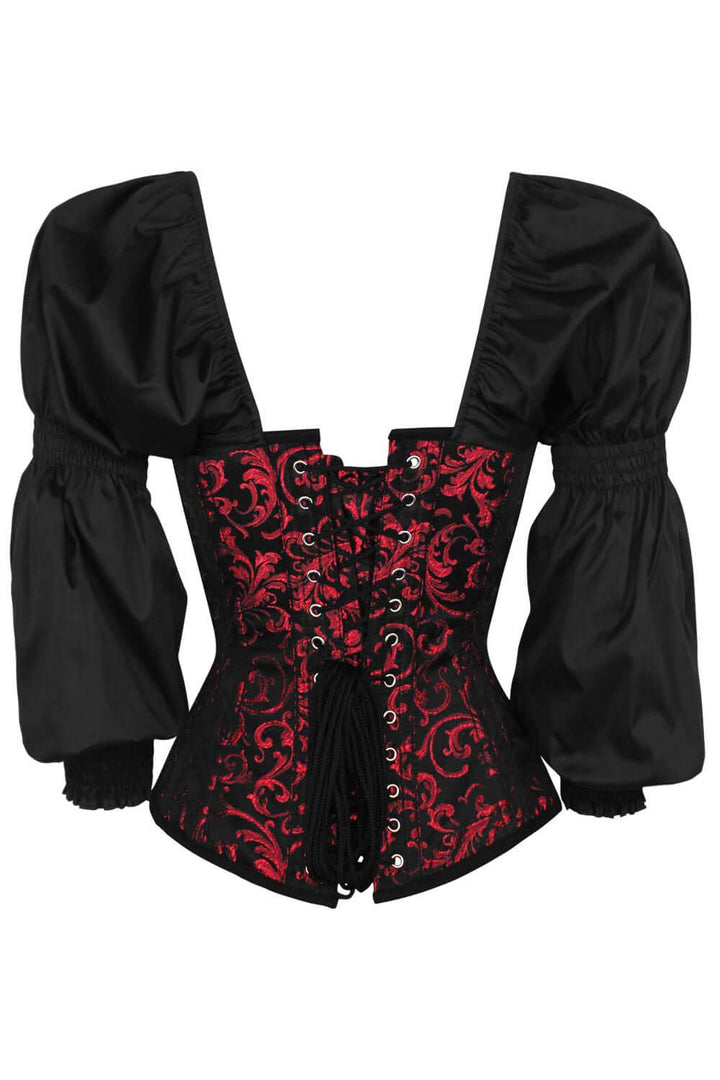 LIVIAH skull busk overbust corset in maroon brocade with taffeta - back