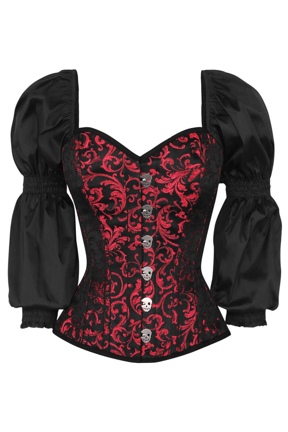 LIVIAH skull busk overbust corset in maroon brocade with taffeta - front