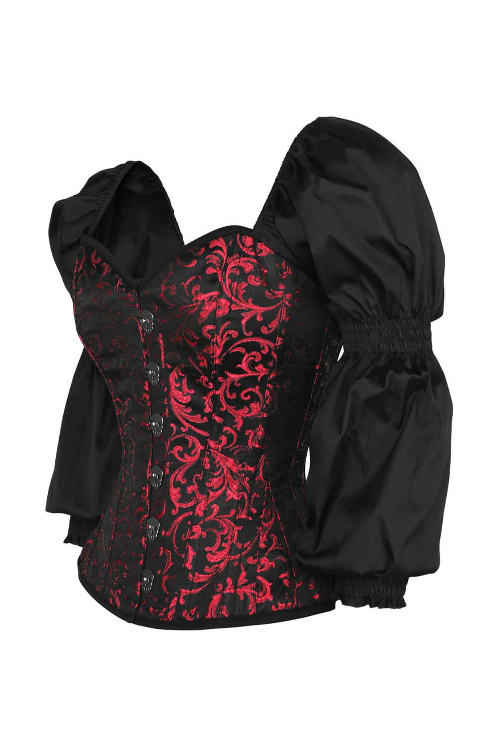 LIVIAH skull busk overbust corset in maroon brocade with taffeta - side