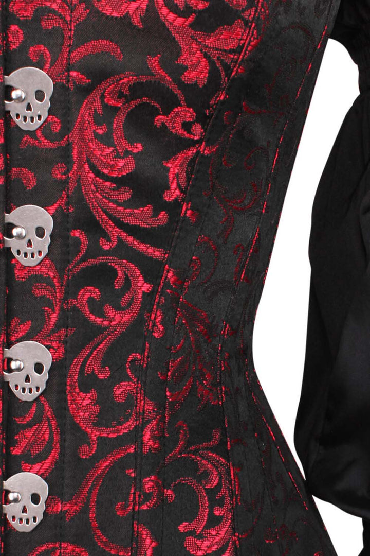 LIVIAH skull busk overbust corset in maroon brocade with taffeta - skull busk close-up