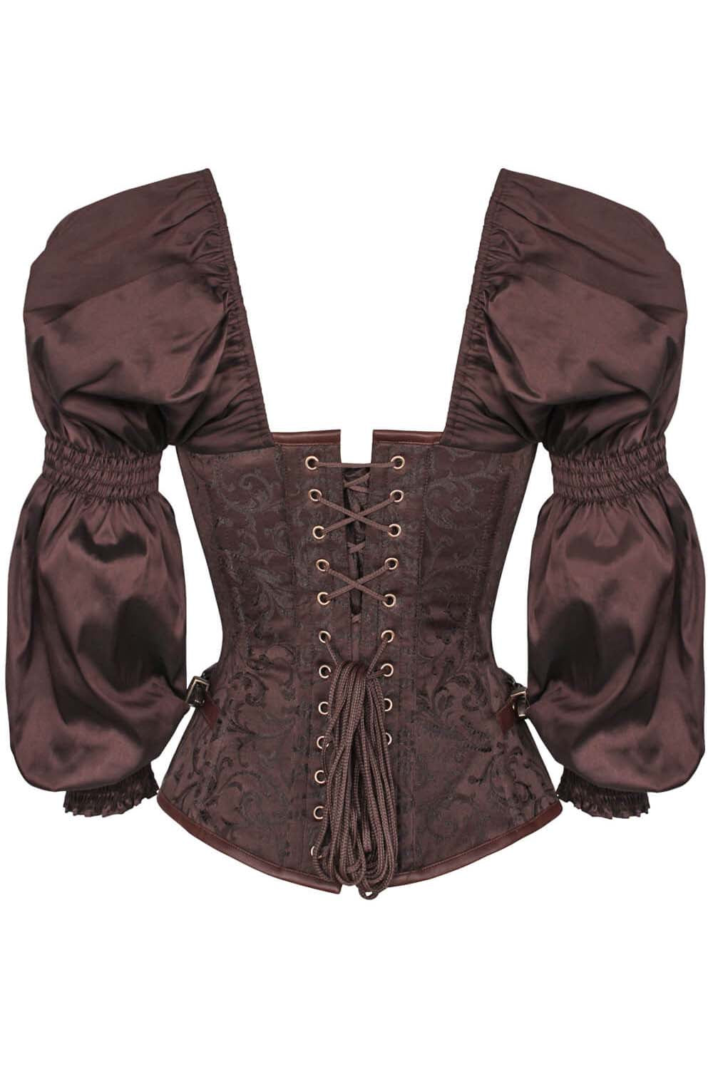 LIVIAH skull busk overbust corset in brown brocade with taffeta - back