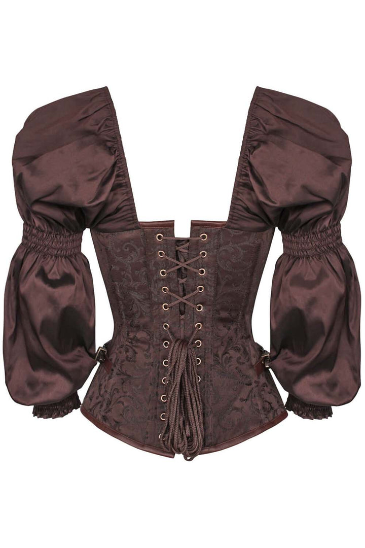 LIVIAH skull busk overbust corset in brown brocade with taffeta - back
