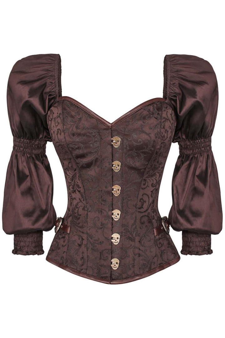LIVIAH skull busk overbust corset in brown brocade with taffeta - front