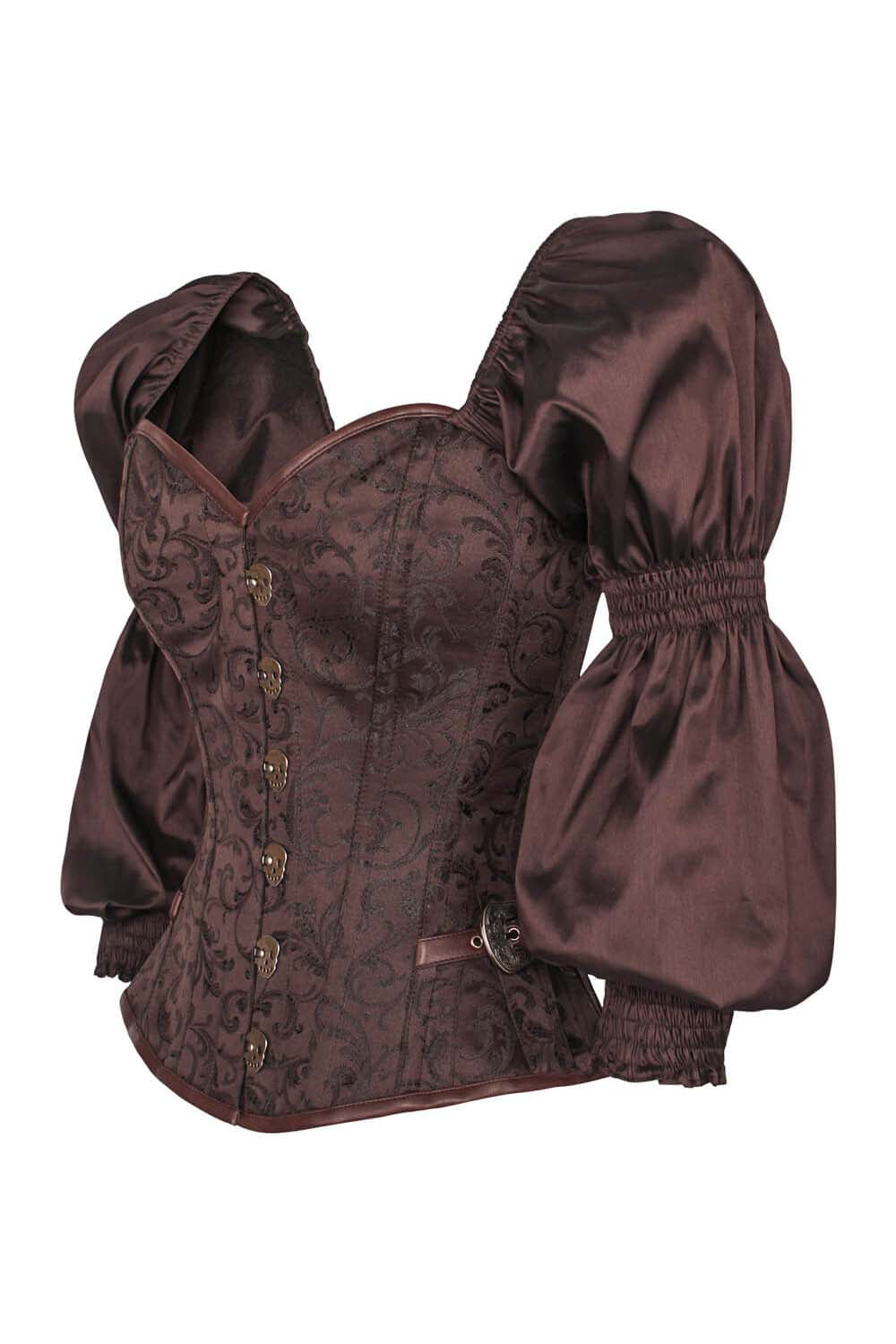 LIVIAH skull busk overbust corset in brown brocade with taffeta - side