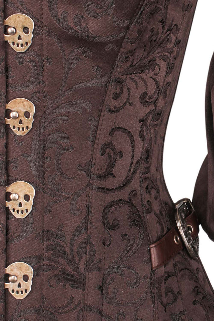 LIVIAH skull busk overbust corset in brown brocade with taffeta - skull busk close-up