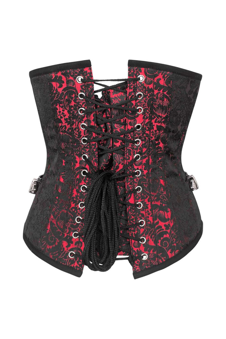 LORETTA skull busk underbust corset in maroon brocade - back