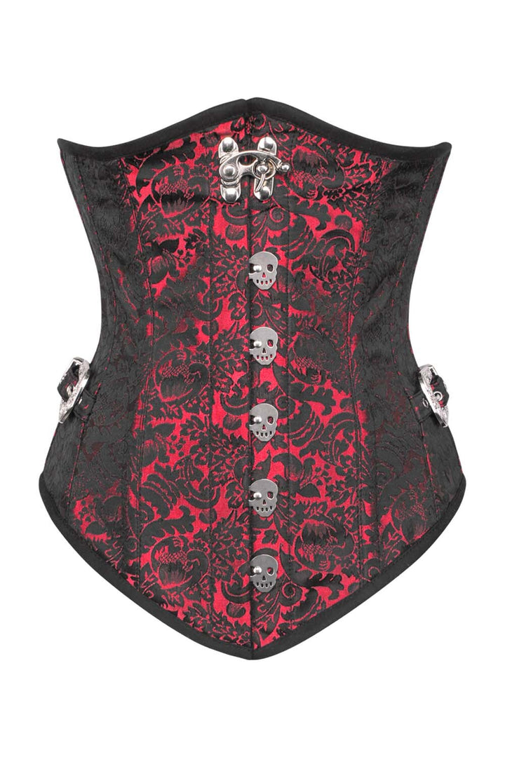 LORETTA skull busk underbust corset in maroon brocade - front