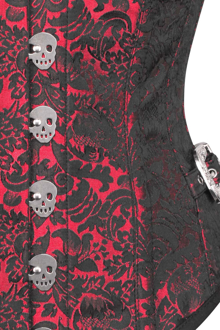 LORETTA skull busk underbust corset in maroon brocade - skull busk close-up