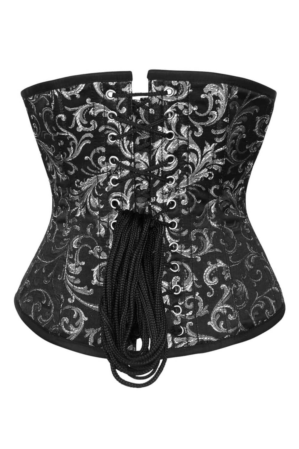 CANDY skull busk underbust corset in silver brocade - back