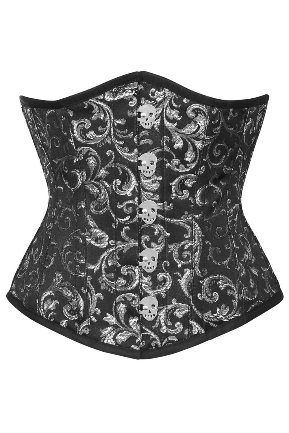 CANDY skull busk underbust corset in silver brocade - front