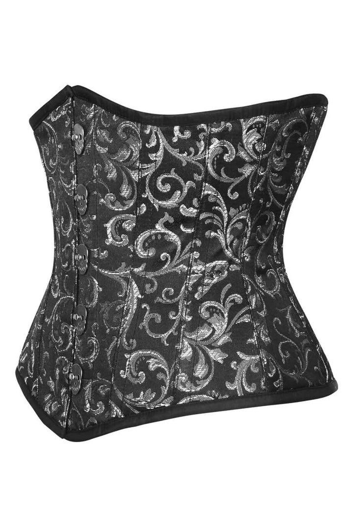 CANDY skull busk underbust corset in silver brocade - side
