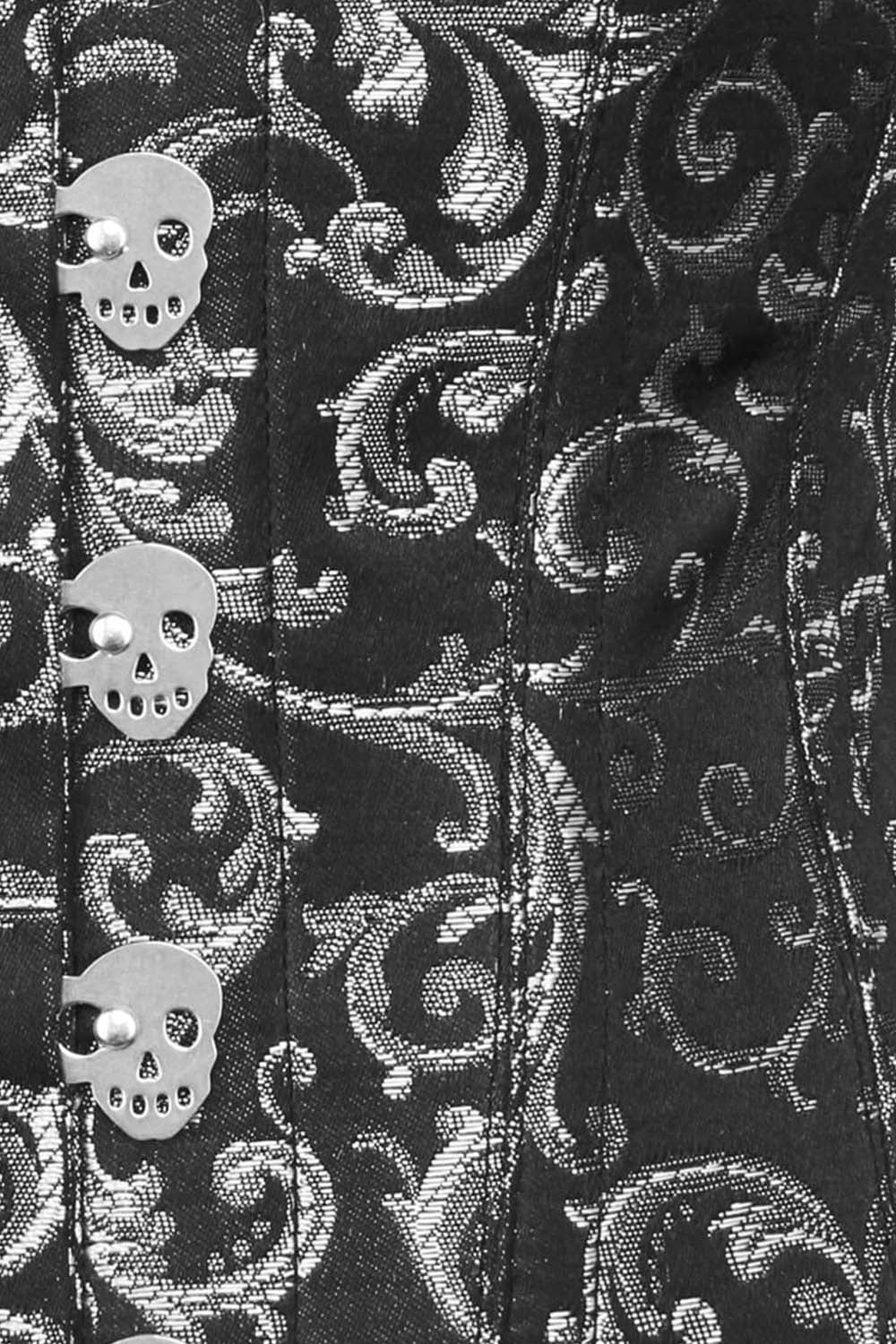 CANDY skull busk underbust corset in silver brocade - skull busk close-up