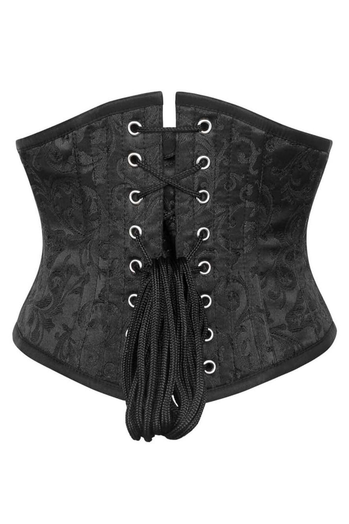 WASPIE skull busk underbust waspie corset in black brocade - back