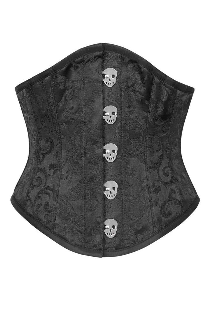 WASPIE skull busk underbust waspie corset in black brocade - front