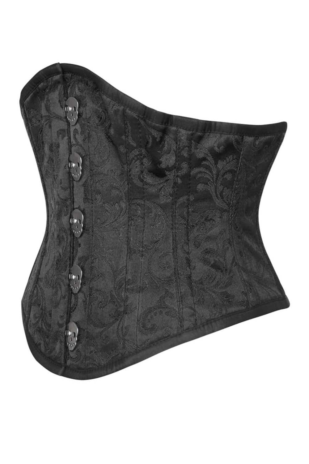 WASPIE skull busk underbust waspie corset in black brocade - side