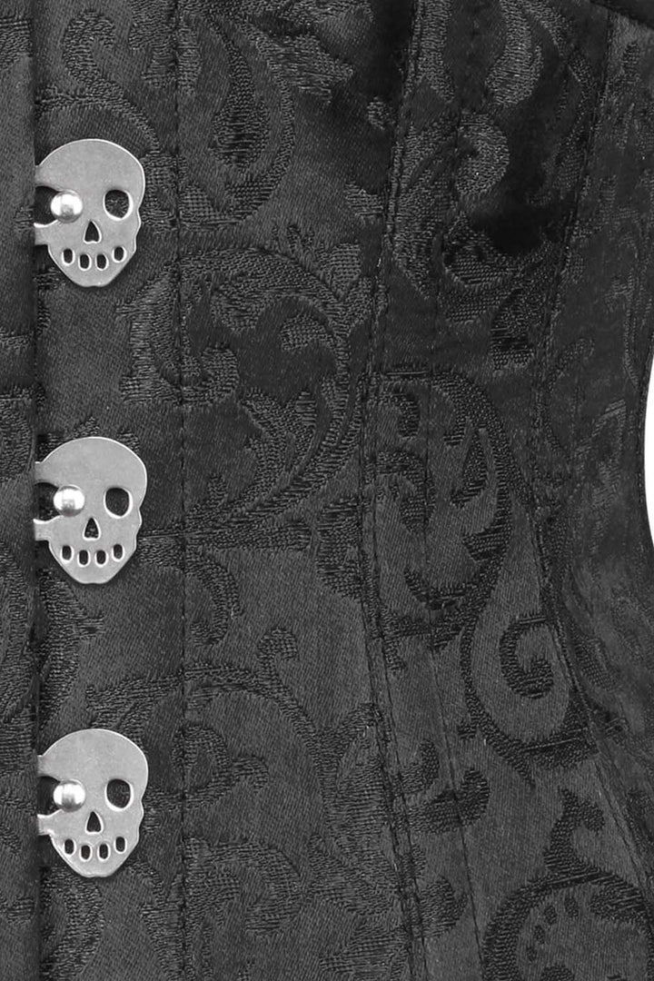 WASPIE skull busk underbust waspie corset in black brocade - skull busk close-up