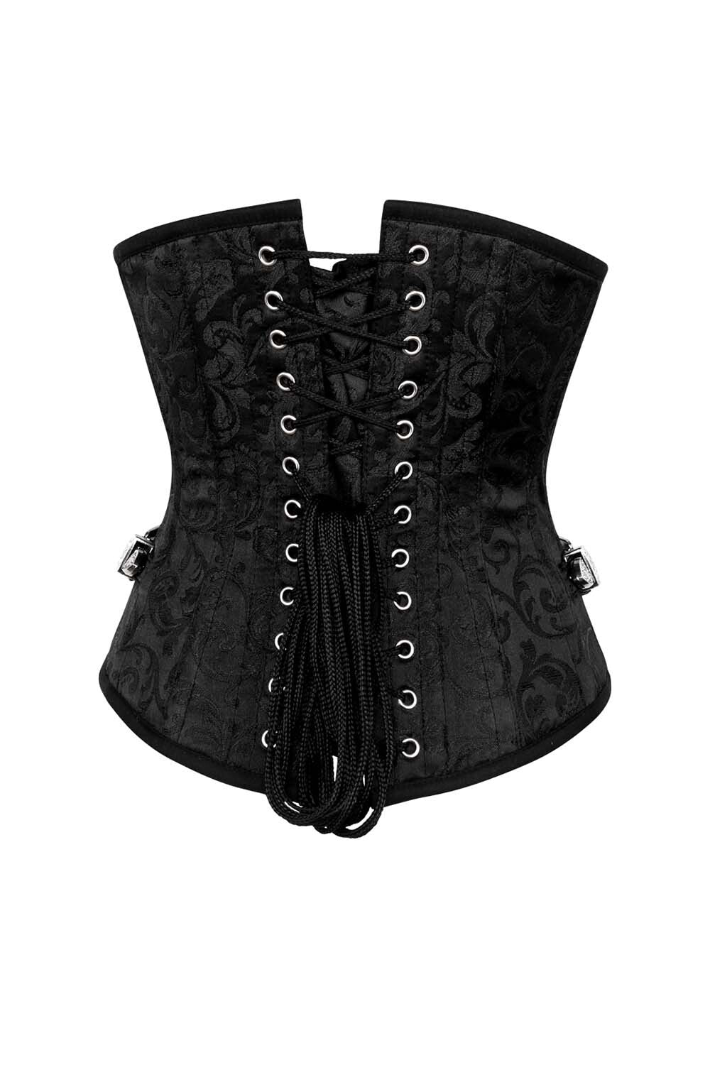 LORETTA skull busk underbust corset in black brocade - back