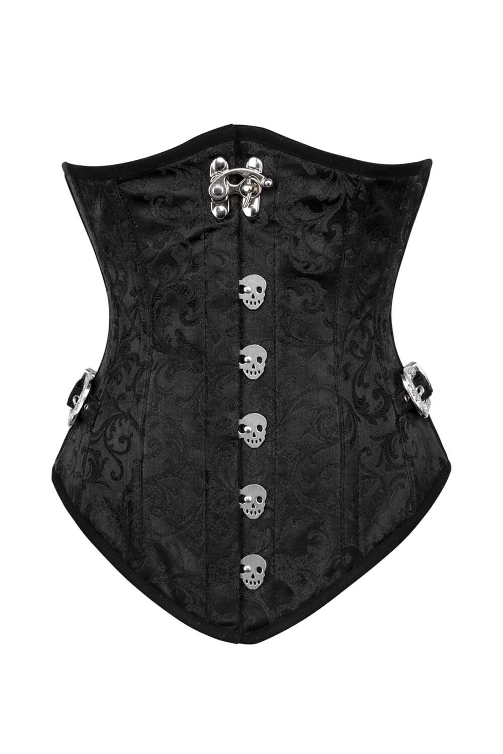 LORETTA skull busk underbust corset in black brocade - front