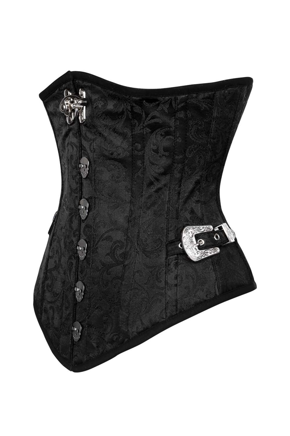 LORETTA skull busk underbust corset in black brocade - side