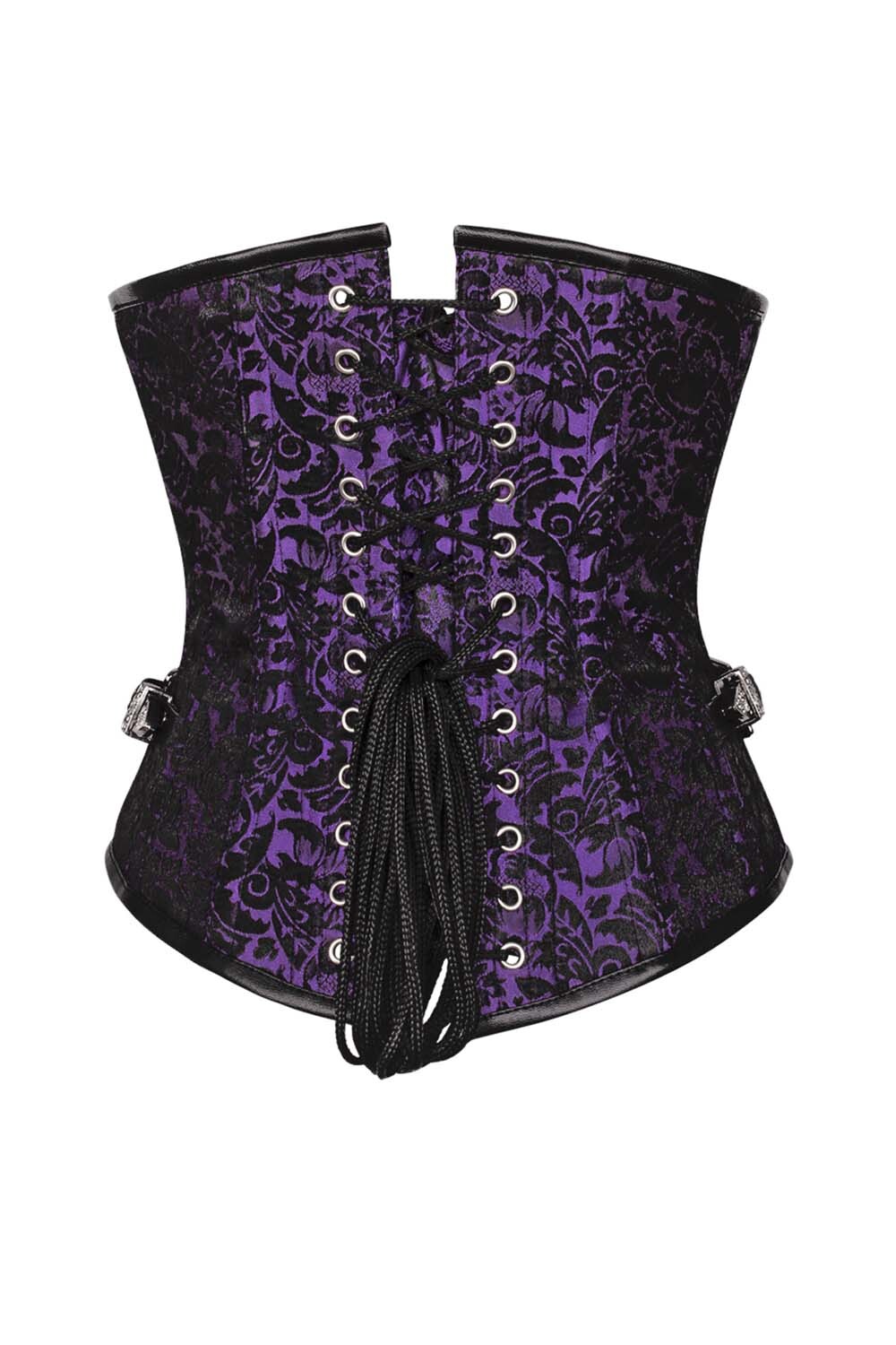 LORETTA skull busk underbust corset in purple brocade - back