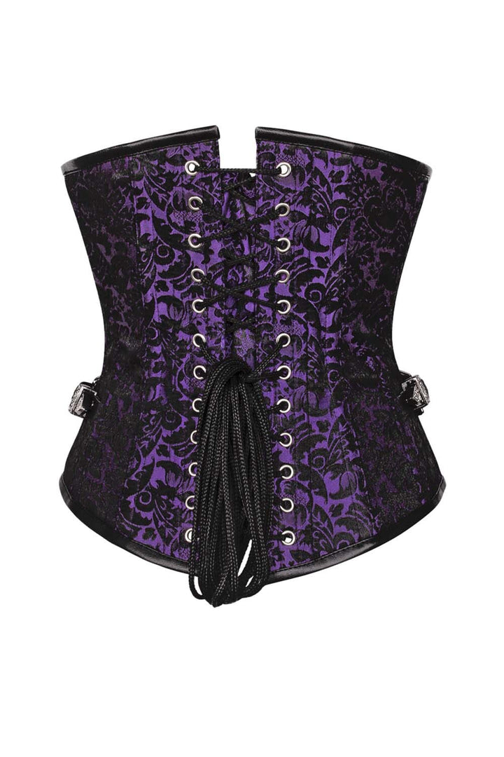 LORETTA skull busk underbust corset in purple brocade - back