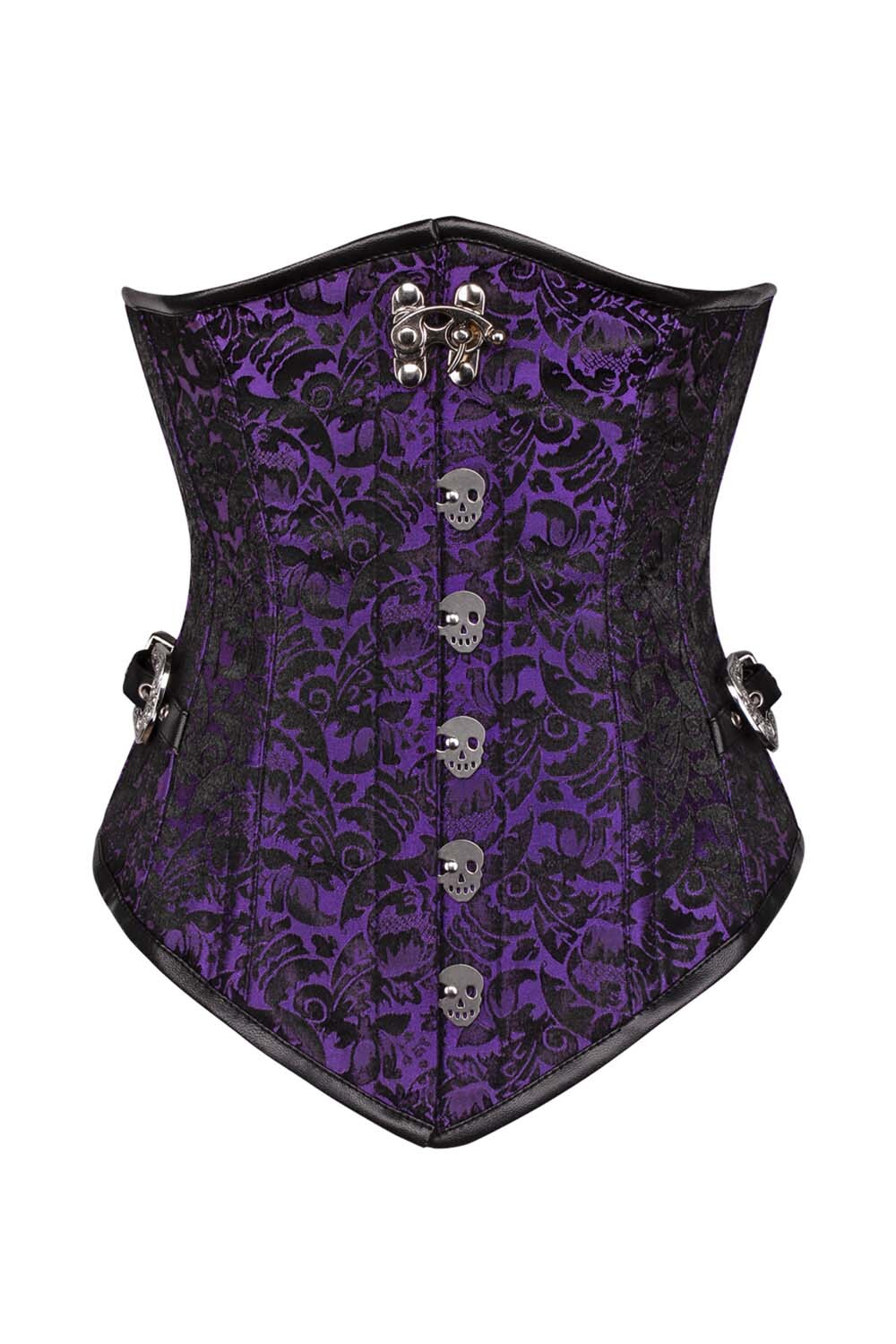 LORETTA skull busk underbust corset in purple brocade - front