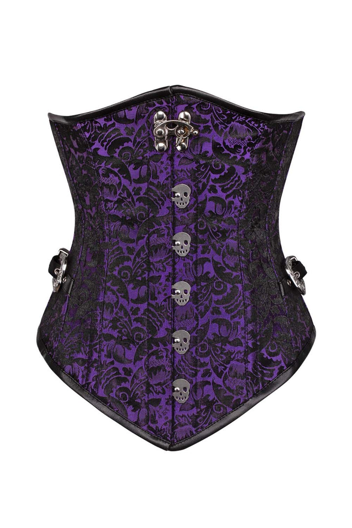 LORETTA skull busk underbust corset in purple brocade - front