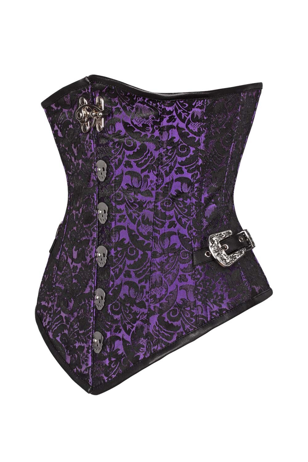 LORETTA skull busk underbust corset in purple brocade - side