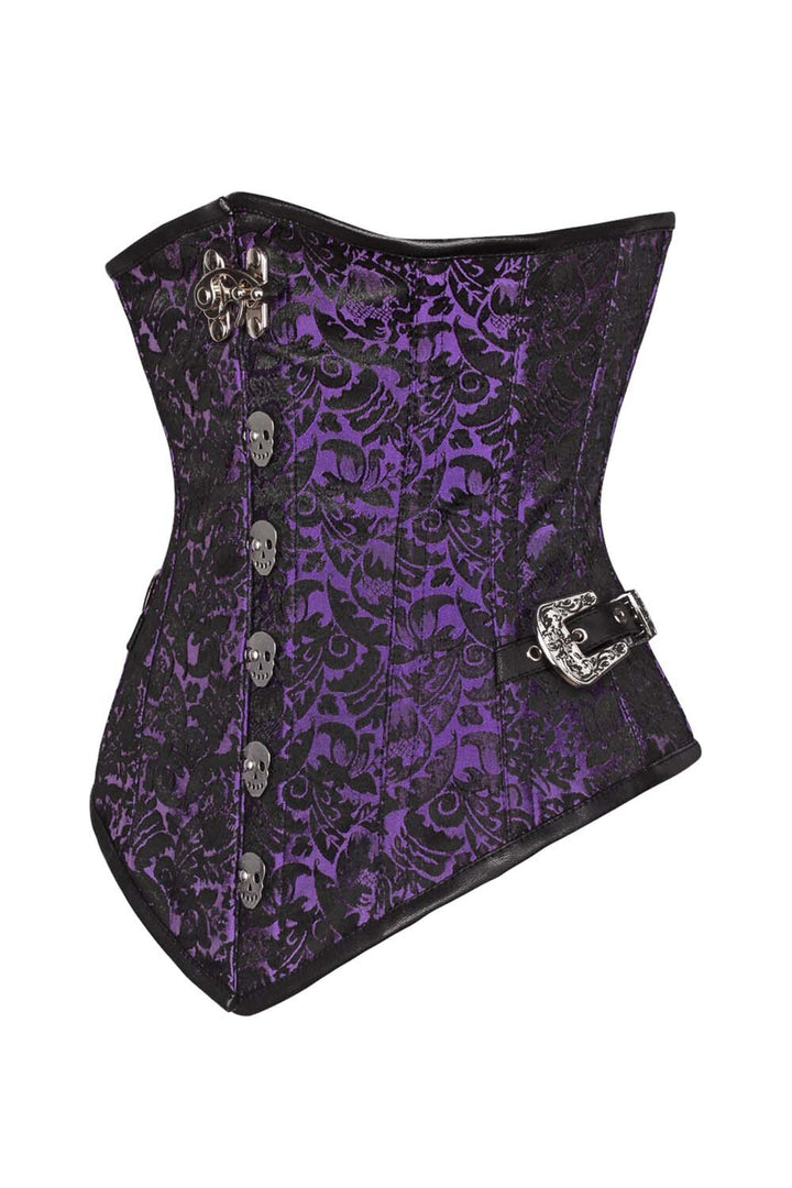 LORETTA skull busk underbust corset in purple brocade - side