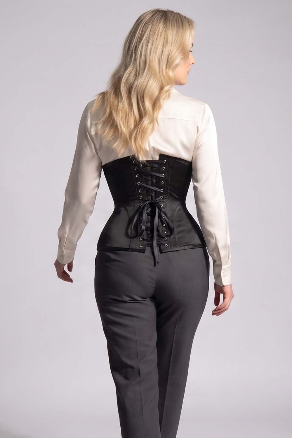 ORCHID Underbust Waist-Training Corset in Black Satin on model - back view