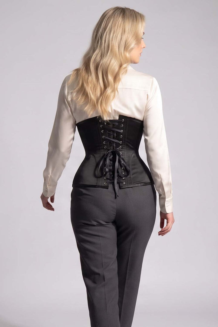 ORCHID Underbust Waist-Training Corset in Black Satin on model - back view
