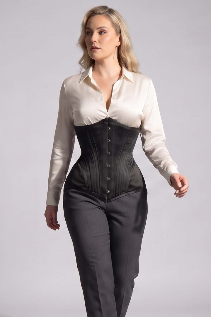 ORCHID Underbust Waist-Training Corset in Black Satin on model - front view