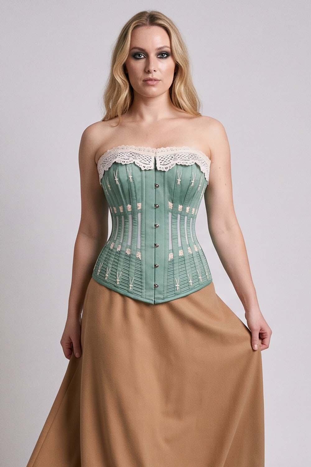 CORDELIA Victorian Overbust Corset in Petrol Navy on model — front view