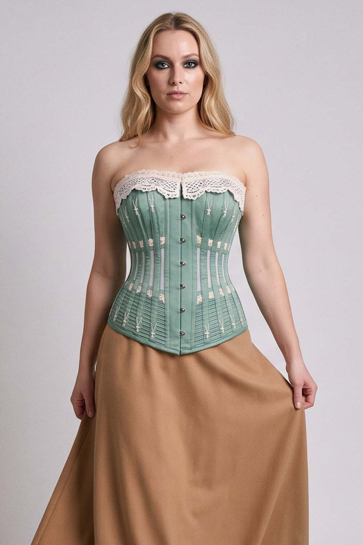 CORDELIA Victorian Overbust Corset in Petrol Navy on model — front view