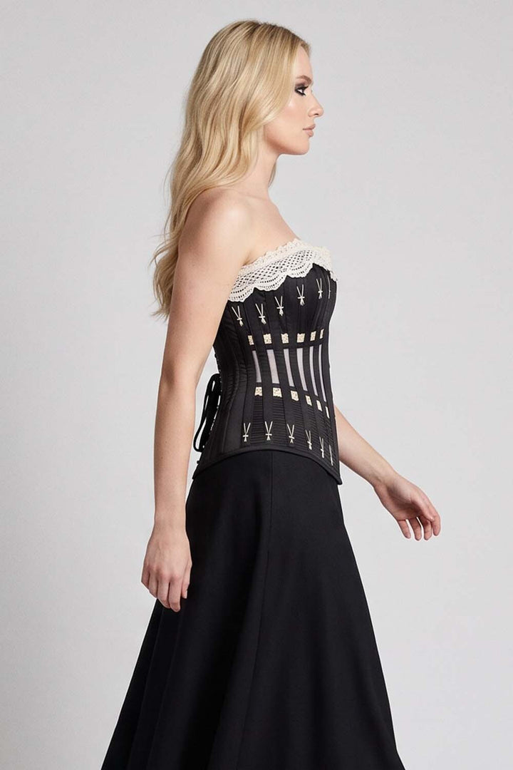 CORDELIA Victorian Overbust Corset in Butter Nude on model — side view