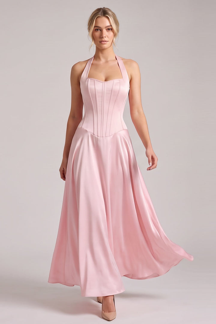 LENORE Halter Corset Maxi Dress in Black on model — front view