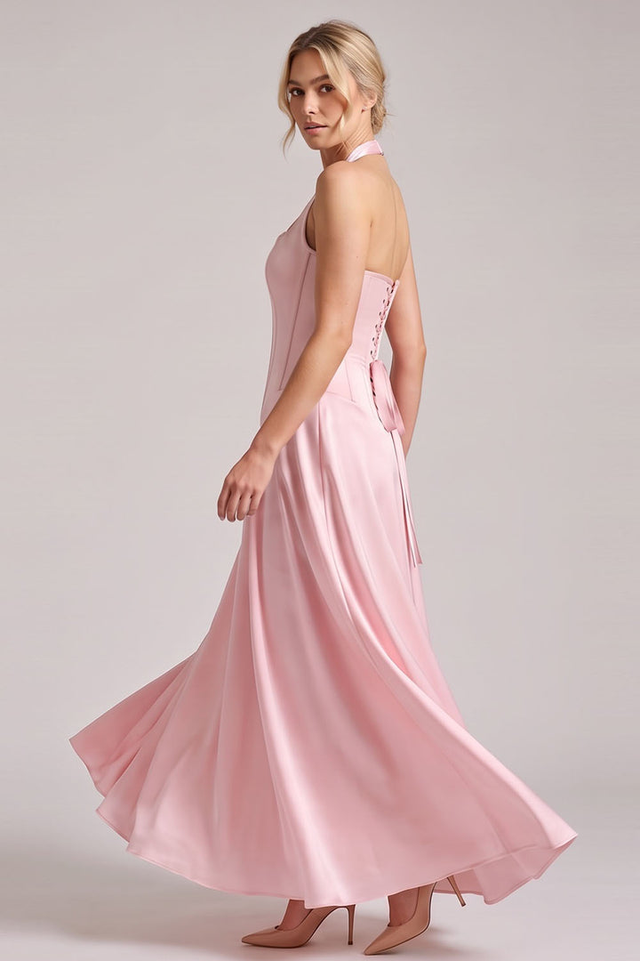 LENORE Halter Corset Maxi Dress in Black on model — side view