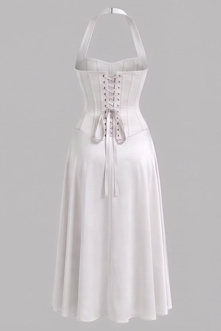LENORE Halter Corset Maxi Dress in Ivory by Luxe Noir — back view