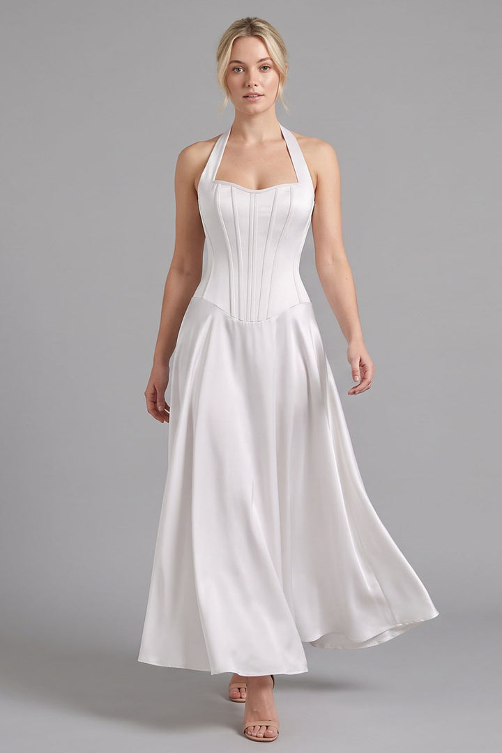 LENORE Halter Corset Maxi Dress in Ivory on model — front view